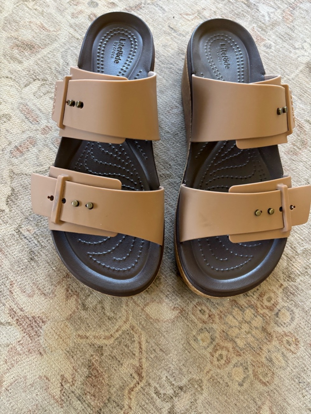 CROCS Women's Tan and Dark Brown Double-Buckle Slide Sandals